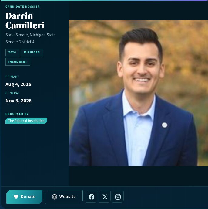 Campaign dossier showing Darrin Camilleri endorsed by The Political Revolution for Michigan Senate District 4 in 2026.